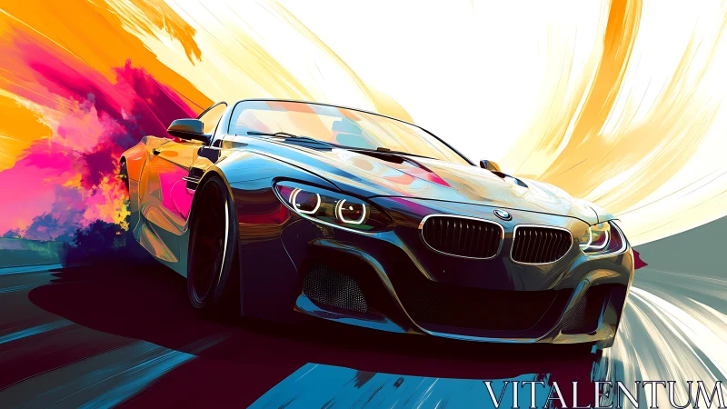 Sport coupe drifts through neon smoke and sweeping light trails