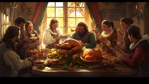 Harvest feast scene glows with warm rustic candlelight.