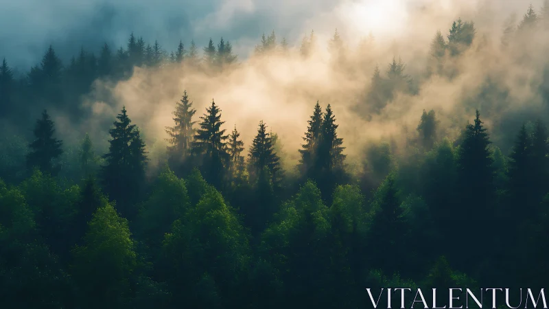 Misty Coniferous Forest with Golden Morning Light.