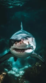 Great white shark swims toward camera in clear blue water