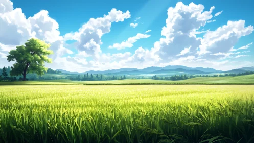 Wide cereal field under cumulus clouds and distant hills.