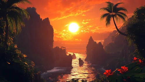 Vivid tropical coastline under intense orange sunset light.