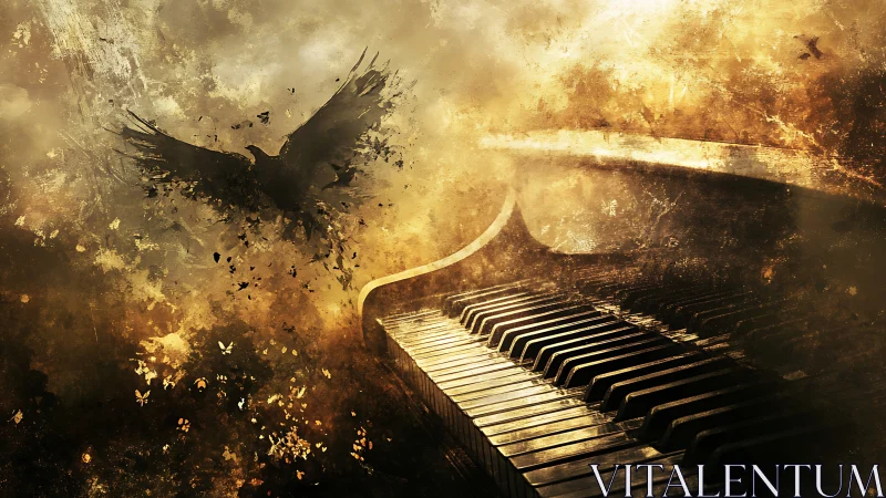 Dark bird silhouette dissolves beside worn piano keys