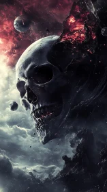 Colossal cosmic skull emerging from fractured asteroid nebula