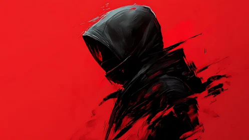 Hooded dark figure on vivid red abstract background.