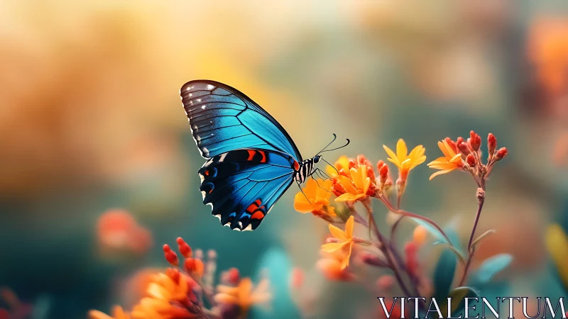 Blue butterfly rests on vivid orange wildflowers at sunrise