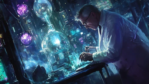 Elder scientist studies glowing lab device in neon lab.