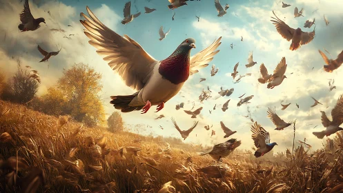 Majestic flock of pigeons soaring over golden wheat field at dawn.