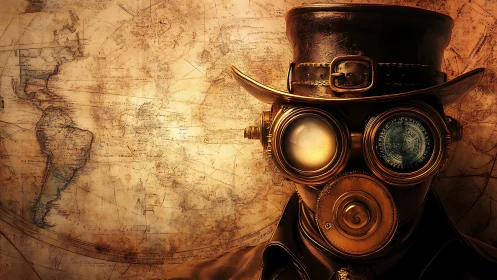 Steampunk-masked figure before vintage world map background.