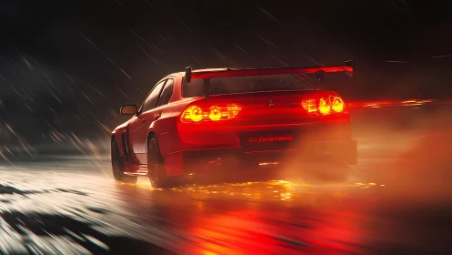 Red sports car accelerates on wet road with glowing streaks