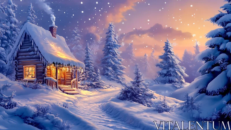 Snow-kissed cabin glows under storybook winter twilight.