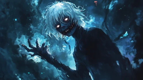 White-haired spectral figure is rendered in blue digital gloom