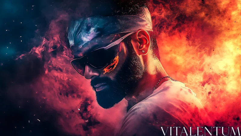 Neon-lit bearded man framed by dual-color fire clouds.