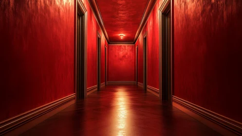 Red hotel corridor with multiple doors and warm lighting.
