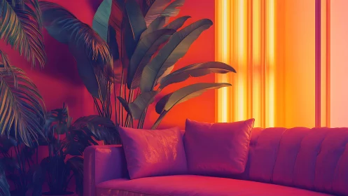 Tropical plants frame vivid neon lit sofa in warm interior