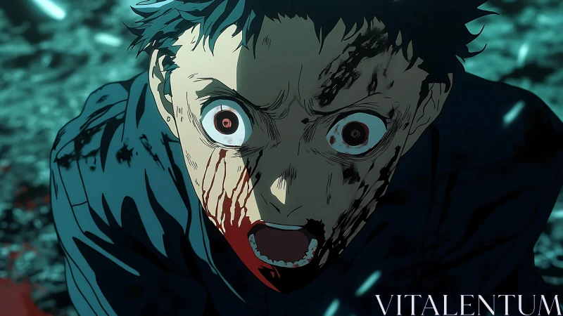 Injured anime character stares upward with bloodied face