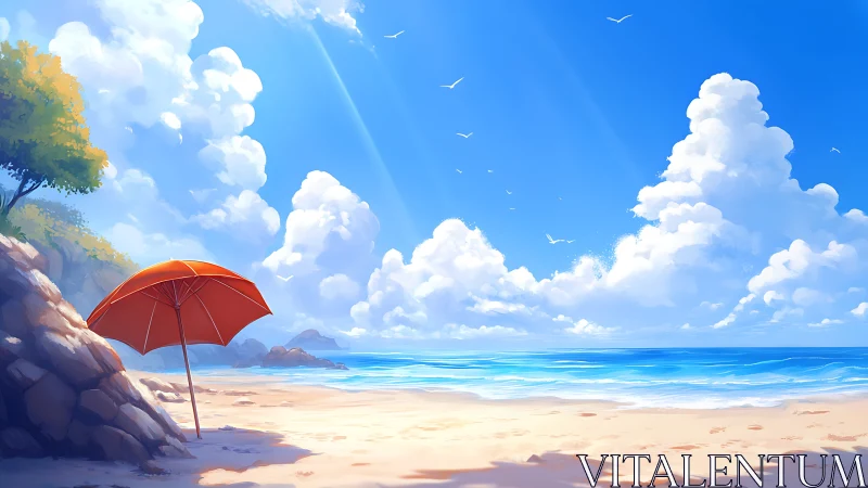 Orange beach umbrella stands on bright shore under clouds