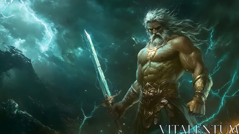 Mythic armored figure stands amid storm-lit seascape