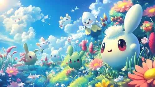 Cartoon creatures in bright flower field under blue sky.