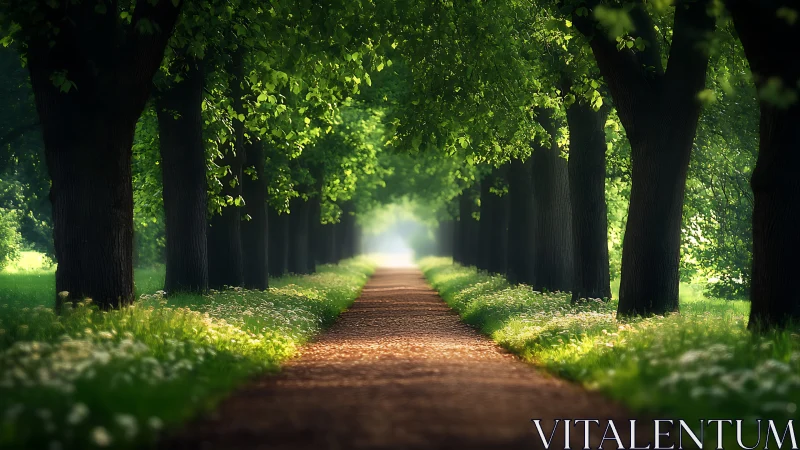 Sunlit tree avenue leads toward a tranquil misty distance.