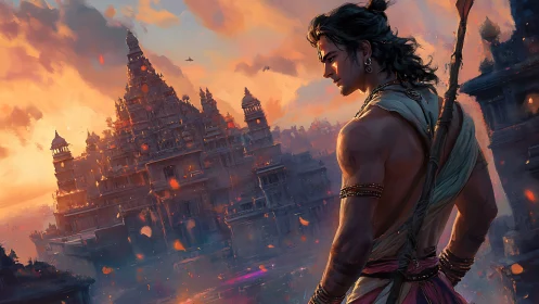 Sunset warrior guarding a burning temple of forgotten kings.