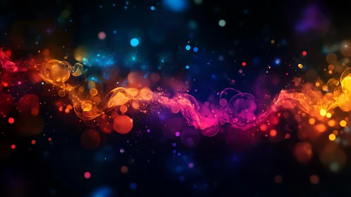 Colorful light wave with glowing bokeh on dark background.