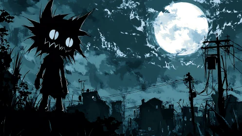 Silhouetted spiky creature dominates moonlit urban ruin skyline
