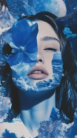 Surreal double-exposure portrait merges female face and oceanic bloom