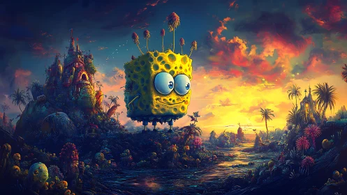 Surreal sponge creature strides through neon tropical sunset.