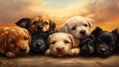 Seven digital puppies lie close together under sunset sky