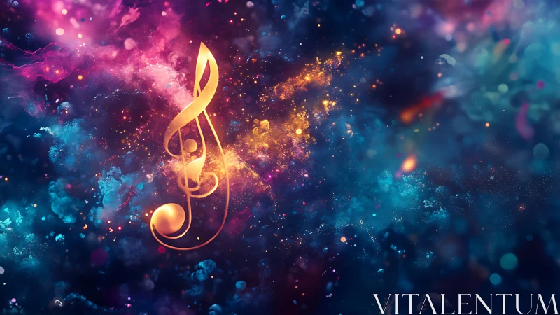 Golden treble clef symbol within abstract cosmic nebula.