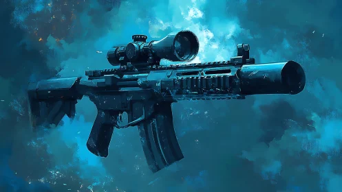 Futuristic rifle floating in a dreamy blue sci fi mist.