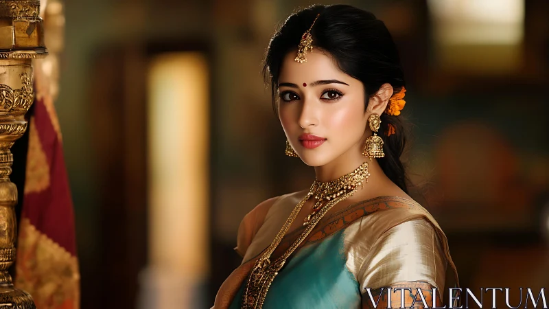 Photorealistic South Indian bridal portrait in warm light.