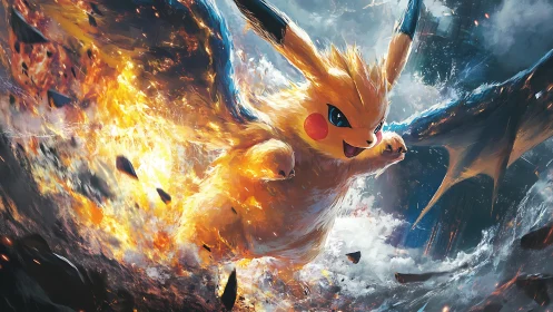 Electric creature unleashes fiery storm above shattered city