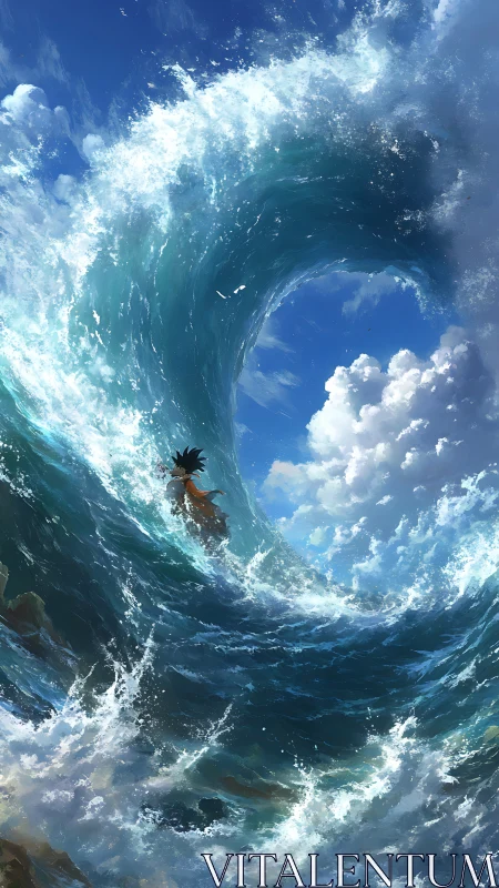 Wave-bending wanderer rides a sky-tall ocean gateway.