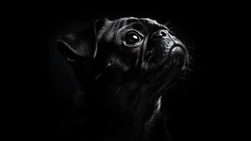 Studio portrait shows black pug rendered in high-contrast light