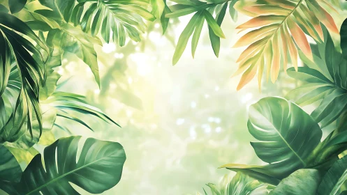 Tropical leaves frame bright softly blurred forest background
