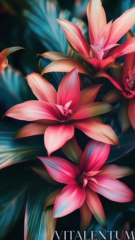 Vibrant pink tropical flowers with layered petals and motion blur foliage