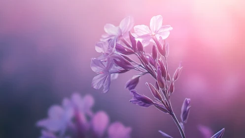 Purple and White Flowering Plant Against Gradient Pink Background.