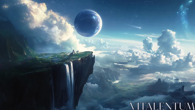 Celestial cliffside realm beneath a looming sapphire world.