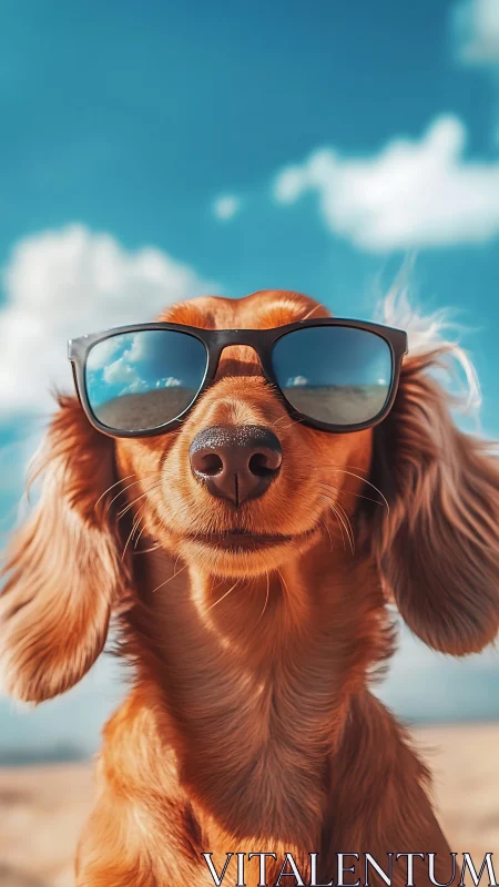 Long-haired dog wearing sunglasses is positioned at beach