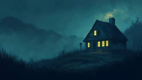 Cozy cottage windows glowing softly in the misty nightscape.