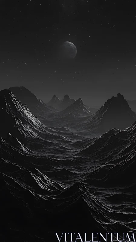Lunar-lit alien ridges carve monochrome midnight valley.