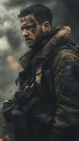 Battle-worn soldier in heavy gear amid dense battlefield smoke