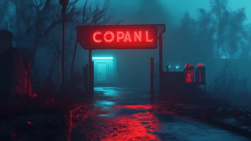 Neon COPANL sign glows over eerie foggy roadside gate.