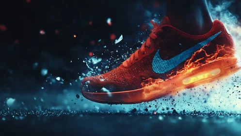 Red running shoe ignites with fire and water impact effect