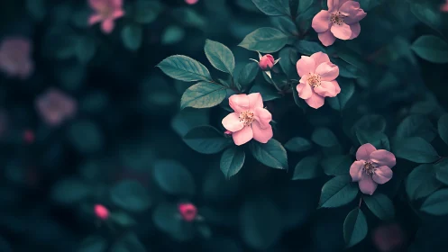 Pink flowering shrub with teal foliage in low-light conditions.