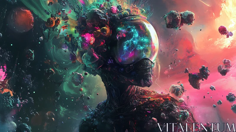 Cosmic helmeted figure stands amid fragmented nebular debris