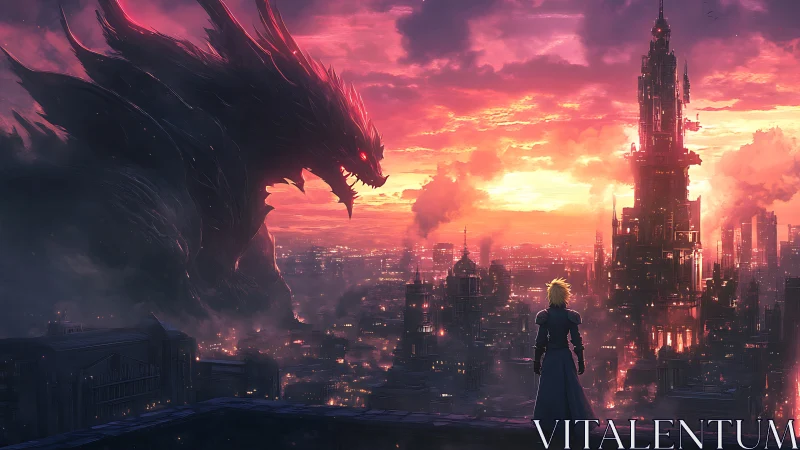 Giant shadow creature overlooking futuristic cityscape at dusk.