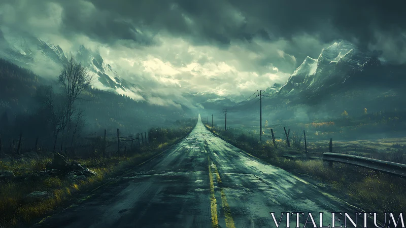 Stormlit mountain highway stretching into eerie horizon.